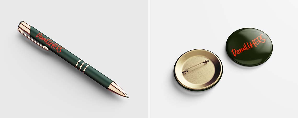 DeraillHERS branded pen and button pin